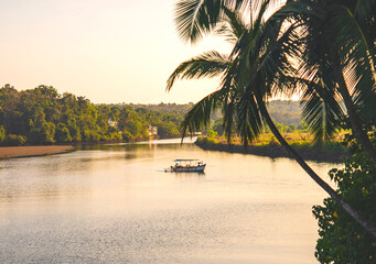 Idyllic South Goa river with palm trees and boat during evening light