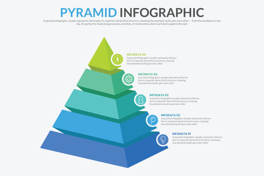 Pyramid Infographic, funnel pyramid business infographic with 5 charts. Template can be edited, recolored, editable. EPS Vector