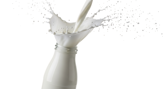 Pouring milk into a bottle, creating a dynamic splash and capturing the creamy texture of the liquid isolated on transparent background, showcasing the freshness and purity of the dairy product