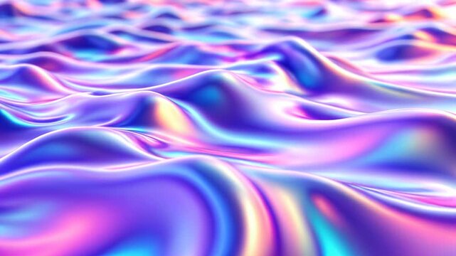 Abstract background with moving neon colored holographic liquid metal ripples and waves