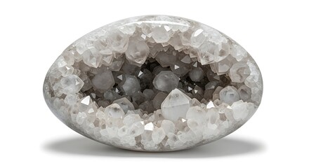 Vector illustration of a geode crystal egg cut in half, revealing sparkling crystal formations inside, isolated on white background