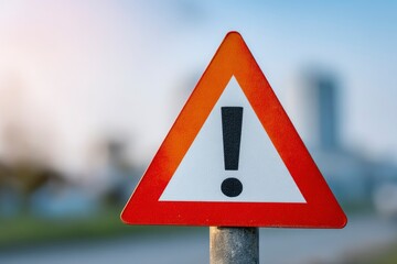 A vibrant red triangular warning sign, featuring a bold black exclamation mark on a crisp white background, stands prominently against a softly blurred backdrop of blue sky and distant urban silhouett