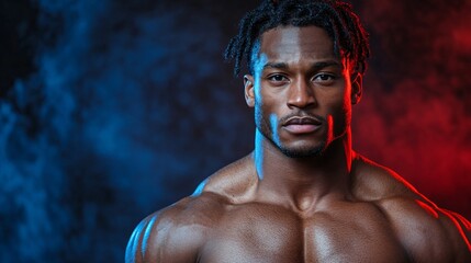 intense portrait of a muscular man with colored lighting for fitness and beauty themes