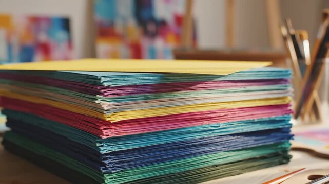 Stack of Colorful Art Paper - A close-up shot shows a thick stack of vibrantly colored art paper in shades of green, blue, pink, yellow, and purple.