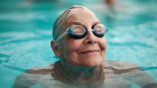 A closeup shot of an elderly woman swimming in a pool. The woman is wearing swimming goggles and has a serene expression on her face. The pools blue water is clear.
