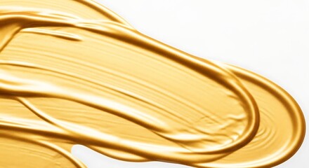 Vector illustration of abstract golden paint stroke, a thick, glossy smear of metallic gold color on a white background, showcasing texture and movement