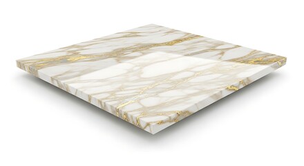 Vector illustration of a square slab of white marble with striking gold veining, presented at an angle on a clean white background