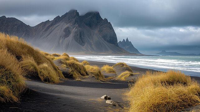 Dramatic vestrahorn mountain range on a black sand beach with golden grass and stormy clouds in iceland