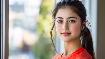 elegant young woman with clear skin near window natural light brightening her face