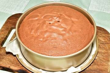 The baked sponge cake lies in the pan.