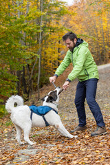happy white dog with owner in autumn forest