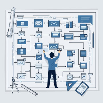 System architect or developer planning a complex user flow on a large technical blueprint.
