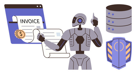 Robot reviewing digital invoices, databases, and a shield symbolizing security. Ideal for automation, artificial intelligence, billing, finance, database management, cybersecurity and data