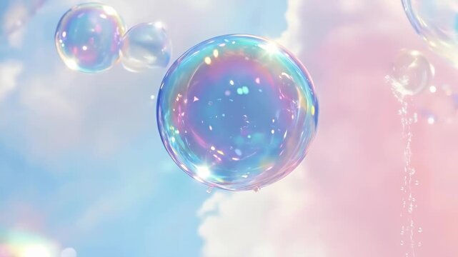 Colorful iridescent soap bubbles floating against a soft pastel skyscape