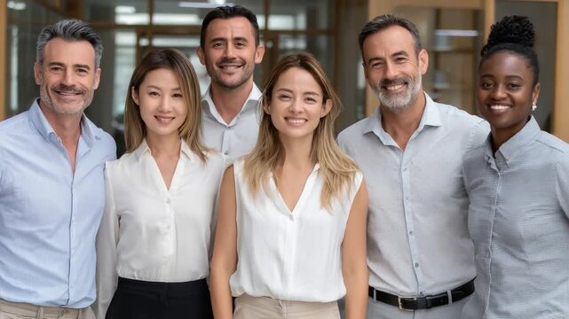 Confident Group of Professionals: A diverse group of colleagues exude confidence, posing together in a modern workplace setting. Their smiles radiate optimism and teamwork.