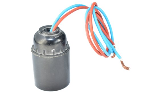 A plastic socket for a temporary lighting lamp with wires connected to it.