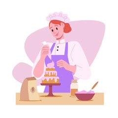 Female Confectioner Making Cake.  Pastry Chef Cooking Sweet Dessert. Patisserie Manufacture. Flat Vector Illustration.