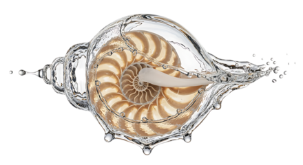 A captivating nautilus shell, its intricate spiral structure revealed within a dynamic splash of water, isolated on transparent background the water envelops the shell, highlighting its natural beauty