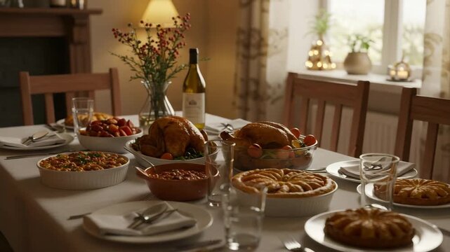 Traditional holiday table with homemade food, bread and festive details. Table setup for family dinner, seasonal celebration or cozy meal gathering with drinks, flowers and decorated table