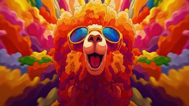 Colorful psychedelic llama with sunglasses and vibrant background