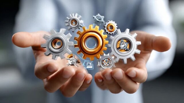 Precision in Hands: A pair of hands tenderly cradles a network of interlocking gears, symbolizing the intricate mechanics of engineering. the delicate balance. 