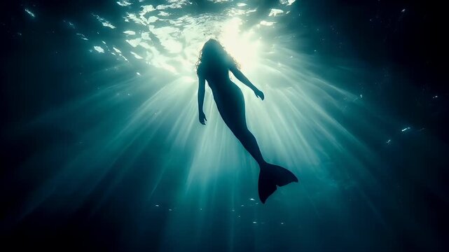 A silhouette of a mermaid swimming underwater with sunlight filtering through the waters surface.