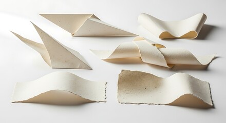 Vector illustration of six abstract sculptures made from folded textured paper arranged on a white background