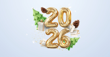3D vector of 2026 new year in gold balloon numbers with christmas trees, gift boxes, pine cones and confetti on a light background with copy space