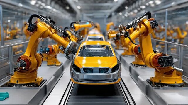 Robotics in Production: The image captures a dynamic scene within a modern factory, showcasing automated robotic arms meticulously assembling a sleek, vibrant vehicle on an assembly line.