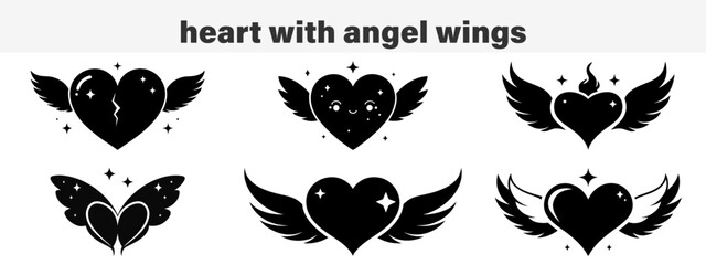 Heart with Angel Wings Vector Icon Set