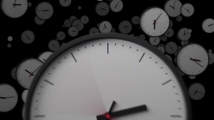 Multiple clocks with fast-spinning hands fly chaotically toward the camera in a time-lapse. Concept of the rapid, uncontrollable passage of time and urgency, deadlines, and time pressure