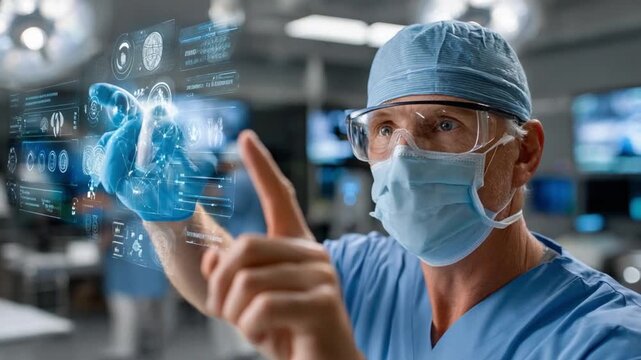 Surgeon in a futuristic OR: A skilled surgeon wearing protective gear interacts with advanced holographic technology. The operating room is filled with cutting-edge medical devices. - Powered by Adobe