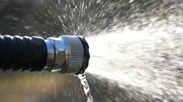 Water Spraying from Garden Hose Nozzle in Outdoor Setting Closeup