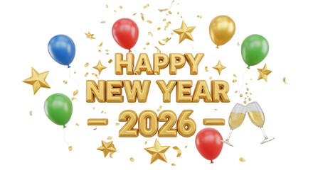 Happy new year 2026 with balloons, stars, and champagne glasses isolated on transparent background