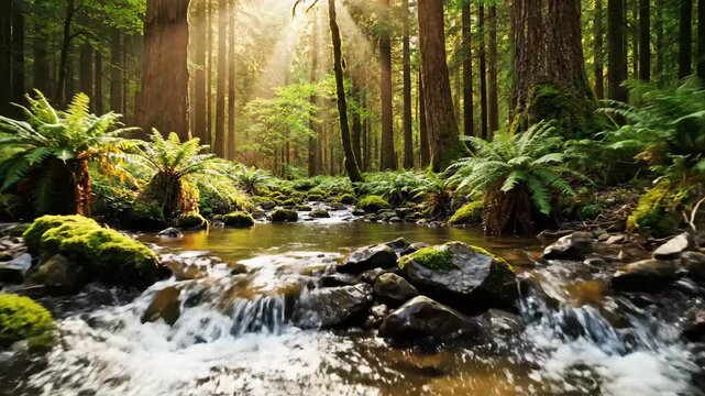 Tranquil Forest Stream with Sun Rays - This serene video shows a small stream flowing through a lush, green forest.