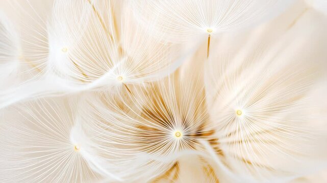Closeup view of dandelion seeds creating a beautiful, delicate pattern