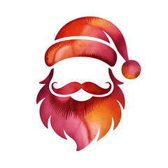 Stylized santa claus face with red and orange watercolor beard and hat isolated on transparent background