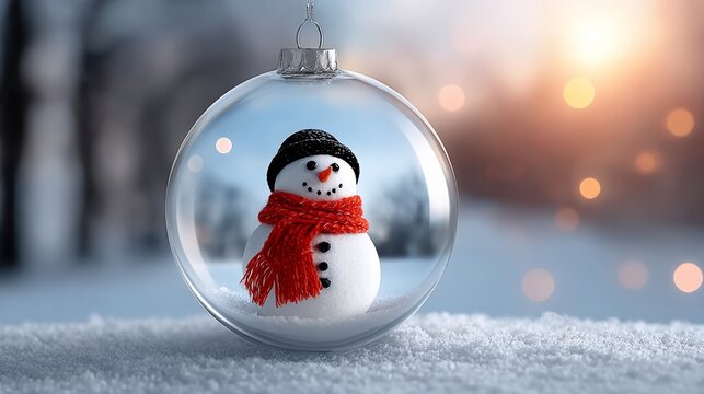 A snowman is inside a glass ornament. The ornament is sitting on a snowy surface. The snowman is wearing a red scarf