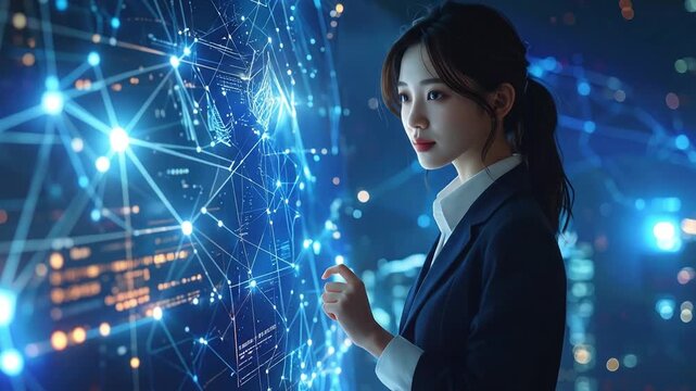 Digital transformation visualized, innovative connectivity businesswoman interacts with data - Powered by Adobe