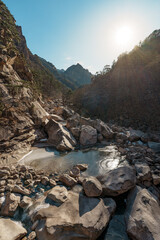 Rocky valley and frozen stream at sunrise in Seoraksan National Park, Sokcho