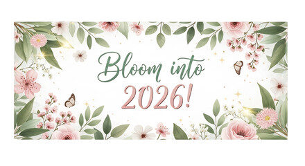 Bloom into 2026 banner with watercolor flowers and butterflies isolated on transparent background