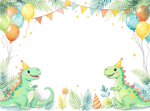 Dinosaur birthday party scene with balloons and festive banners