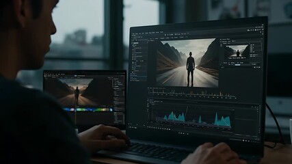 Young man using professional video editing software to create stunning visuals