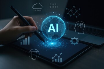 Artificial intelligence concept visualized on tablet with glowing globe and icons representing data and networks for future tech