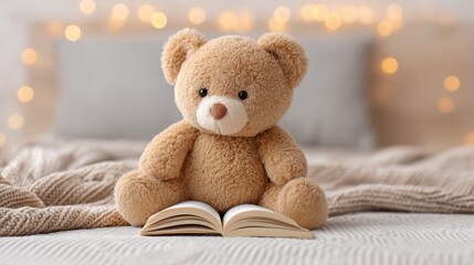 Cozy Teddy Bear Sitting on Bed with Open Book in Warm Home Environment Surrounded by Soft Lights for a Charming Interior Atmosphere
