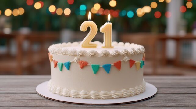 Festive 21st Birthday Cake with Lit Candles and Colorful Decorations Surrounded by a Vibrant Party Atmosphere