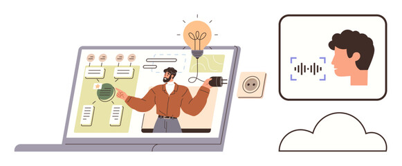 Man giving an online presentation via screen with charts and a lightbulb idea metaphor, connected to cloud and voice recognition. Ideal for education, innovation, remote work, technology, ideation