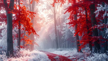 Obraz premium Forest path contrasting red autumn leaves with winter frost