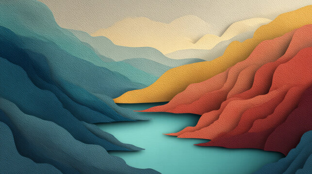 Abstract colorful layered mountain landscape with flowing river in a stylized paper cutout art style vibrant textured natural scene