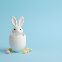 Obraz premium Cute Bunny Emerging from Egg with Colorful Candies on Blue Background